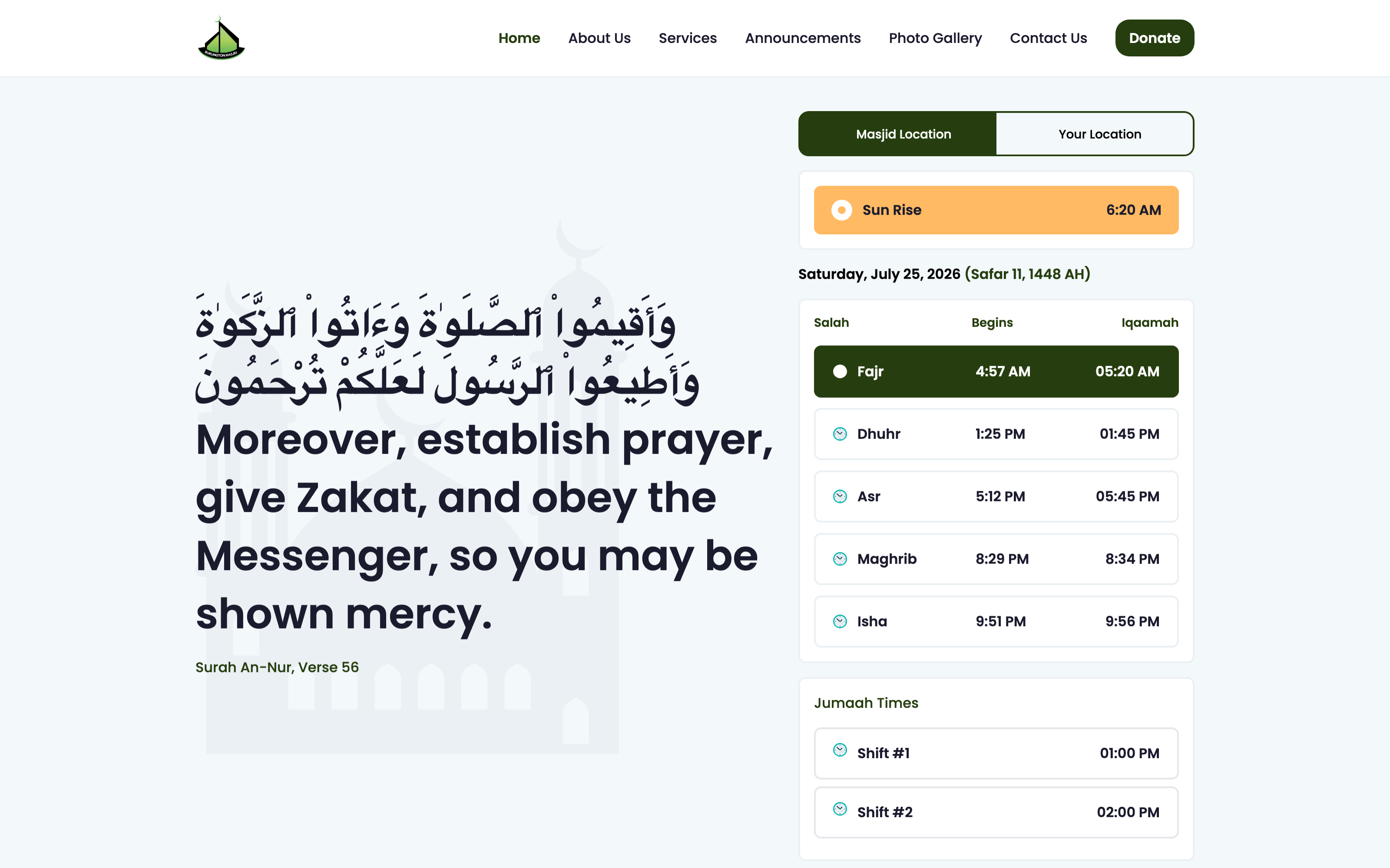 Masjid website with live prayer times